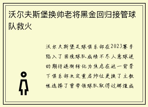 沃尔夫斯堡换帅老将黑金回归接管球队救火 沃尔夫斯堡换帅老将黑金回归接管球队救火