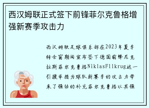 西汉姆联正式签下前锋菲尔克鲁格增强新赛季攻击力